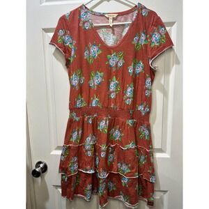 Matilda Jane Floral Tiered Dress Rust Pink Blue Bloom Short Sleeve V Neck M